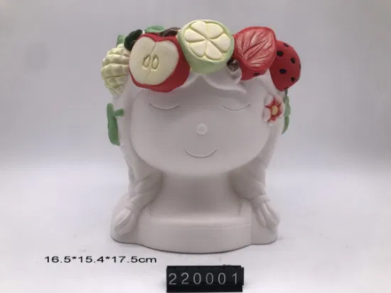 꽃과 식물 및 즙이 많은 배열, 테이블 장식, 화분 냄비, 선물을 위한 머리 냄비에 세라믹 소녀 얼굴 동상 바다 동물 화환